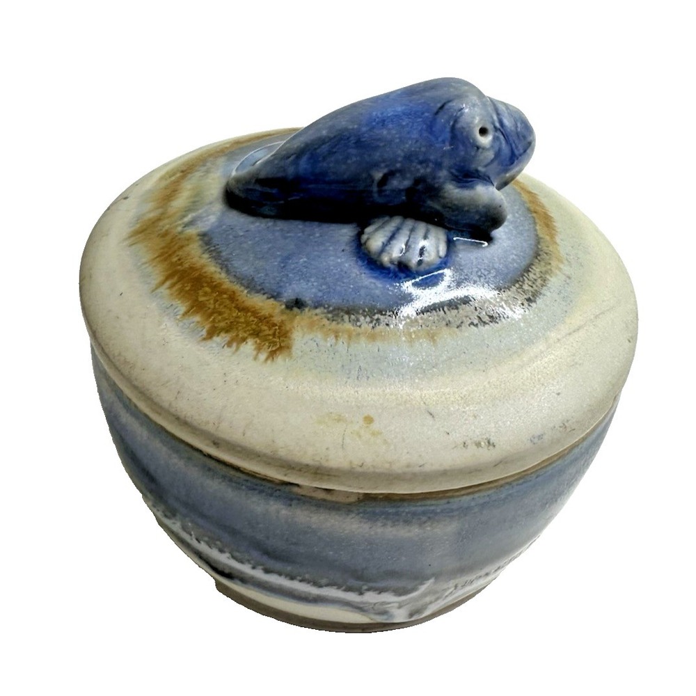 Studio Art Pottery Manatee Trinket Box Lid Blue Cream Signed Round Glaze